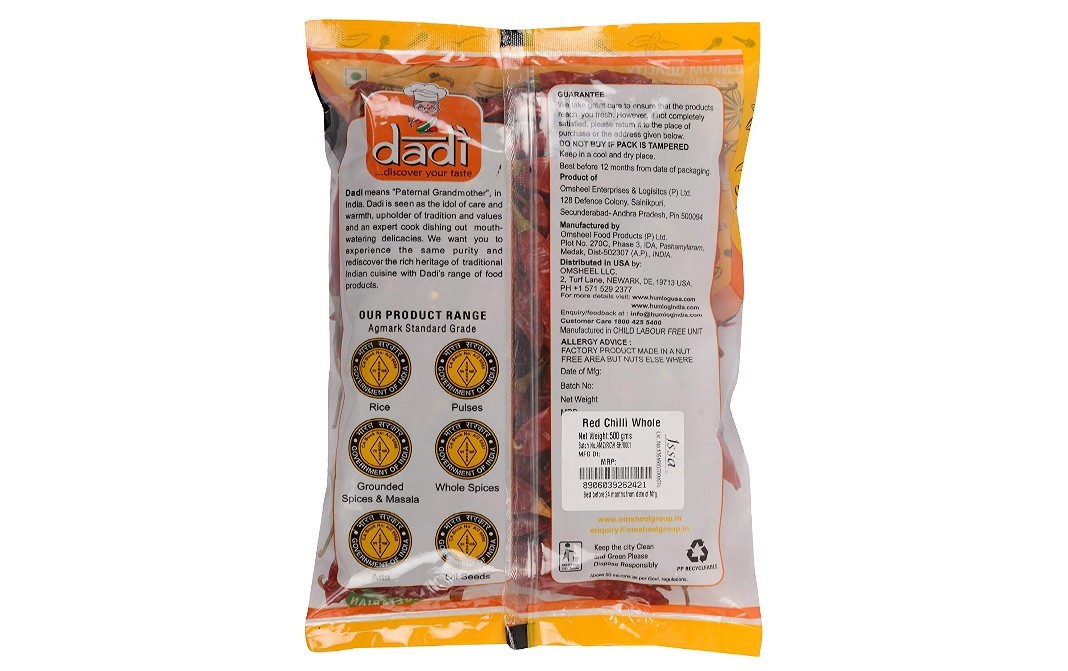 Dadi Red Chilli Whole    Pack  500 grams